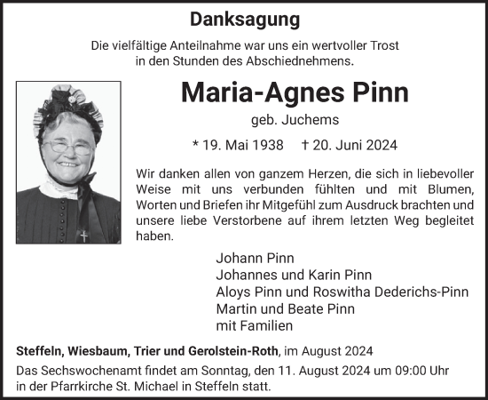 Traueranzeige von Maria-Agnes Pinn von WochenSpiegel