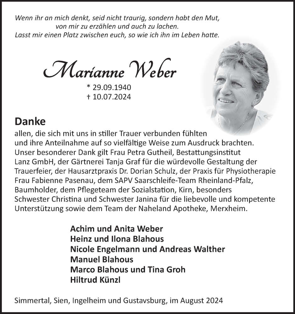  Traueranzeige für Marianne Weber vom 31.08.2024 aus WochenSpiegel