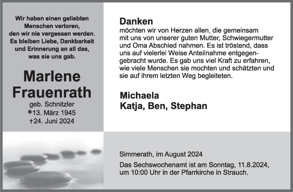  Traueranzeige für Marlene Frauenrath vom 07.08.2024 aus WochenSpiegel