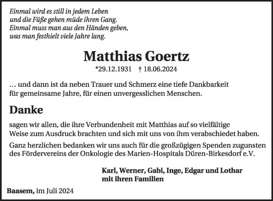 Traueranzeige von Matthias Goertz von WochenSpiegel