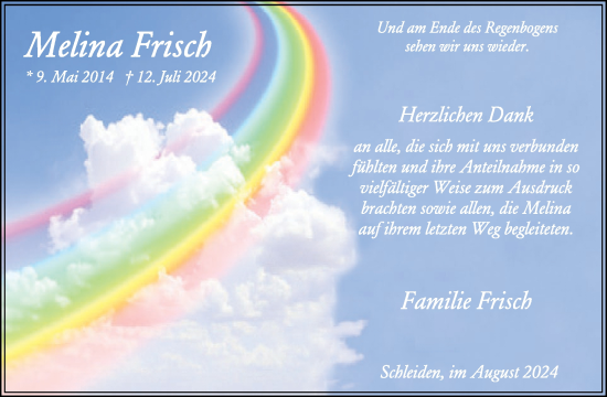 Traueranzeige von Melina Frisch von WochenSpiegel