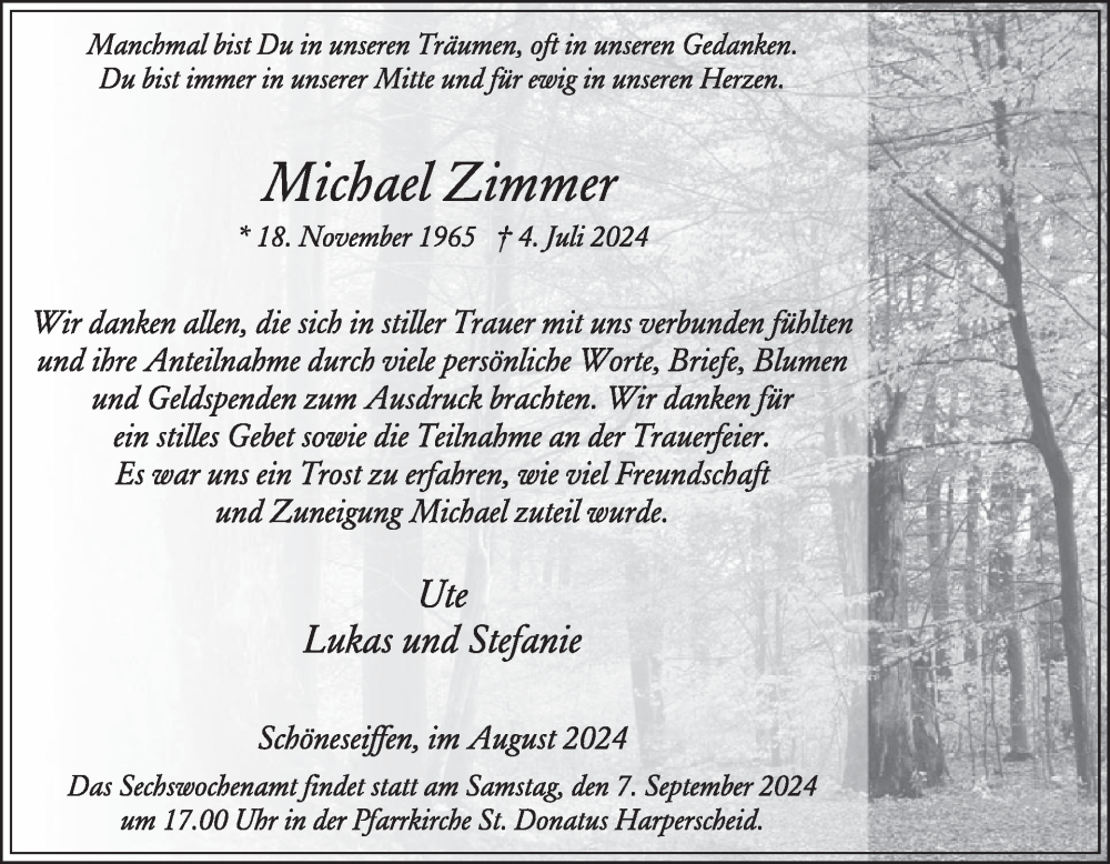  Traueranzeige für Michael Zimmer vom 28.08.2024 aus WochenSpiegel