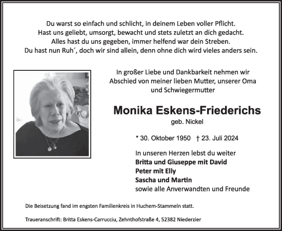 Traueranzeige von Monika Eskens-Friederichs von WochenSpiegel