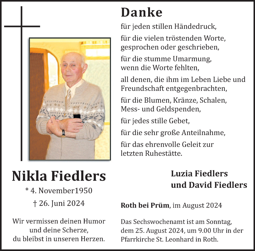  Traueranzeige für Nikla Fiedlers vom 17.08.2024 aus WochenSpiegel