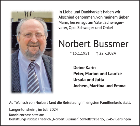 Traueranzeige von Norbert Bussmer von WochenSpiegel