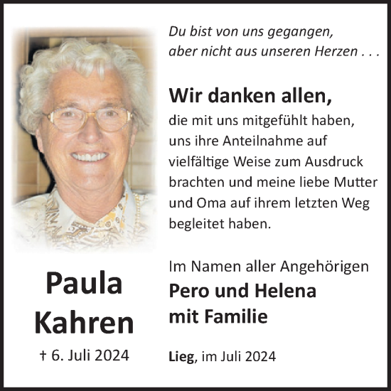 Traueranzeige von Paula Kahren von WochenSpiegel