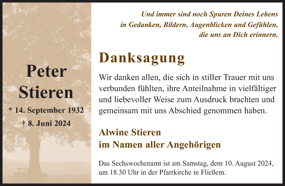  Traueranzeige für Peter Stieren vom 02.08.2024 aus WochenSpiegel