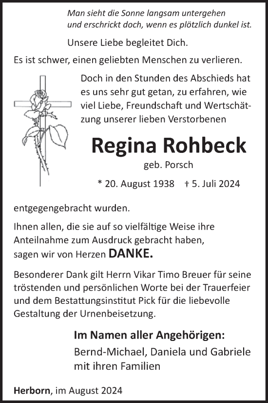 Traueranzeige von Regina Rohbeck von WochenSpiegel