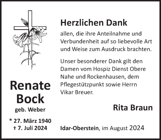 Traueranzeige von Renate Bock von WochenSpiegel