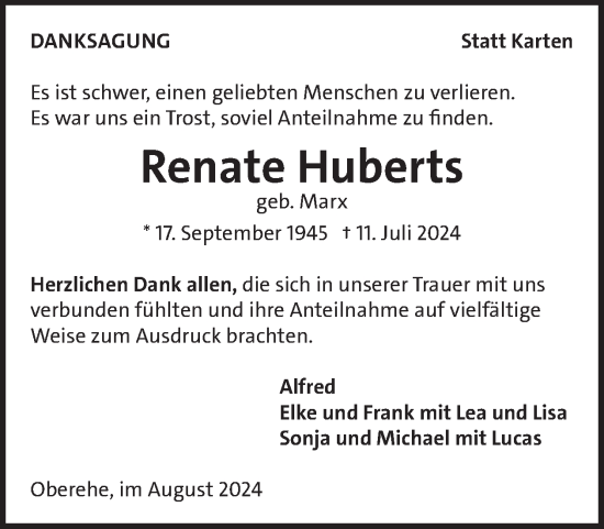 Traueranzeige von Renate Huberts von WochenSpiegel