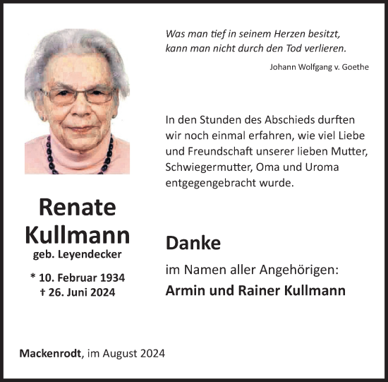Traueranzeige von Renate Kullmann von WochenSpiegel