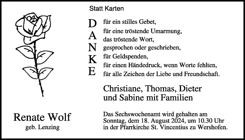  Traueranzeige für Renate Wolf vom 10.08.2024 aus WochenSpiegel