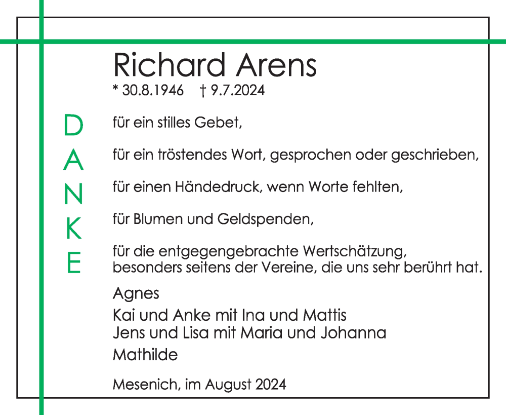  Traueranzeige für Richard Arens vom 21.08.2024 aus WochenSpiegel