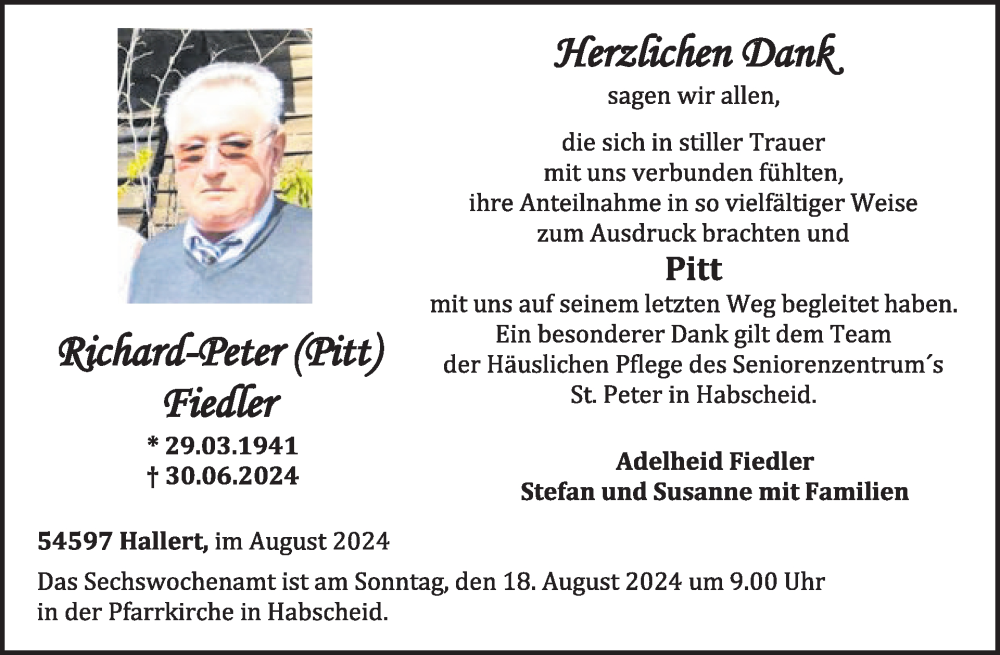  Traueranzeige für Richard-Peter Fiedler vom 09.08.2024 aus WochenSpiegel