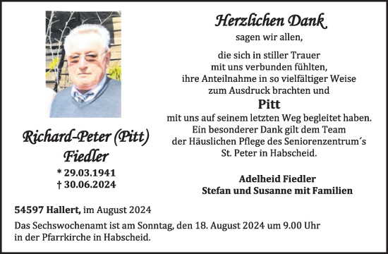 Traueranzeige von Richard-Peter Fiedler von WochenSpiegel