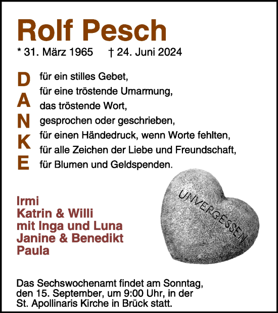 Traueranzeige von Rolf Pesch von WochenSpiegel