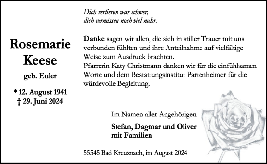 Traueranzeige von Rosemarie Keese von WochenSpiegel