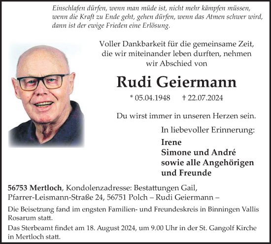 Traueranzeige von Rudi Geiermann von WochenSpiegel
