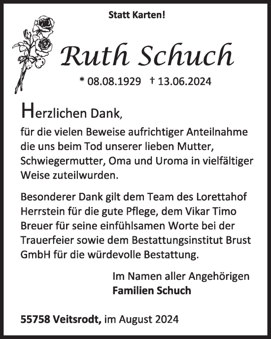 Traueranzeige von Ruth Schuch von WochenSpiegel