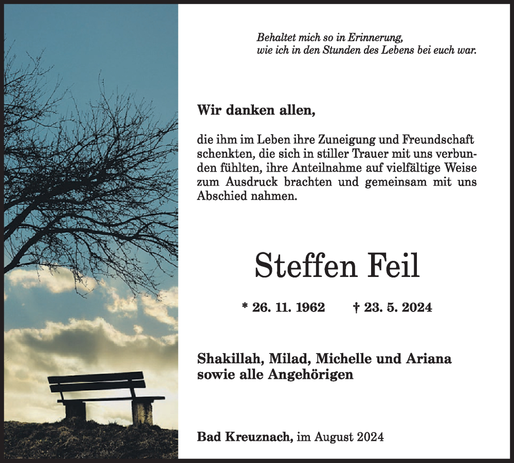  Traueranzeige für Steffen Feil vom 17.08.2024 aus WochenSpiegel