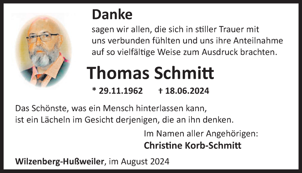  Traueranzeige für Thomas Schmitt vom 17.08.2024 aus WochenSpiegel