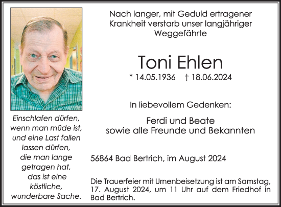 Traueranzeige von Toni Ehlen von WochenSpiegel