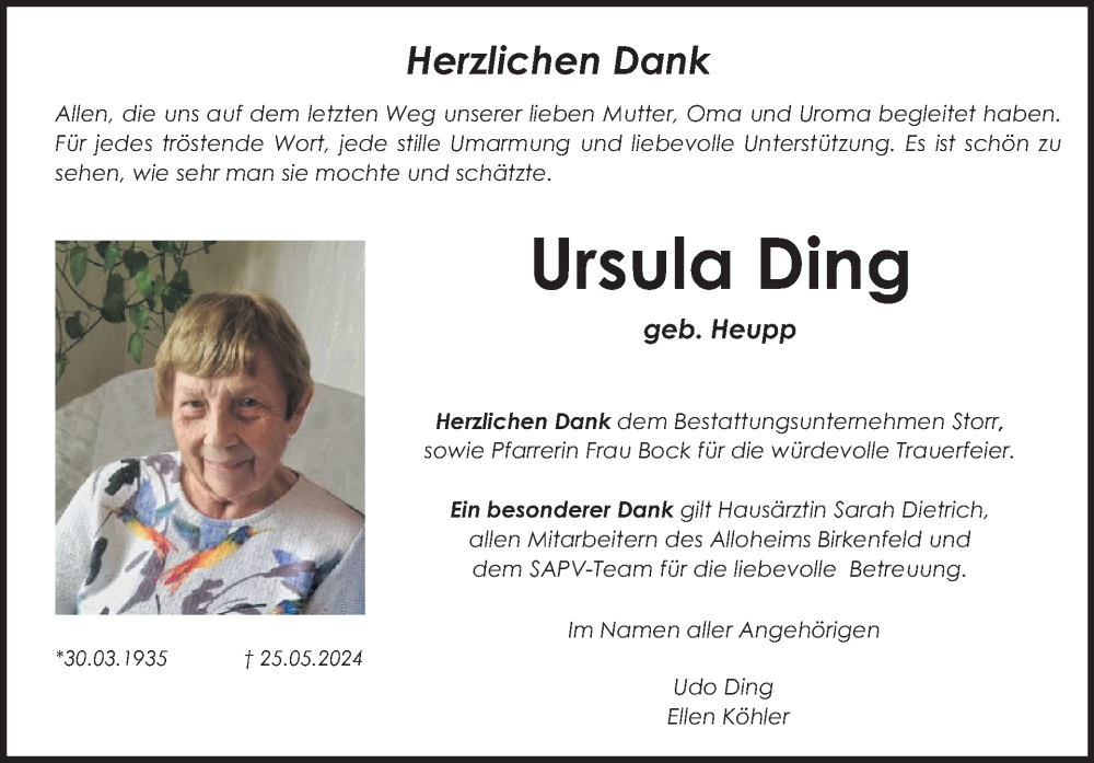  Traueranzeige für Ursula Ding vom 10.08.2024 aus WochenSpiegel