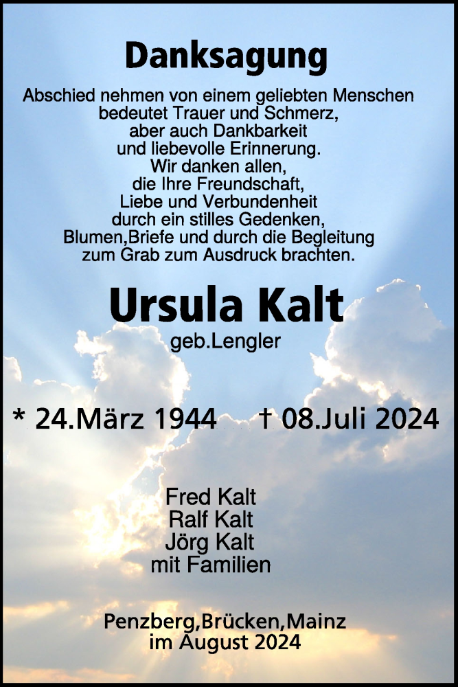  Traueranzeige für Ursula Kalt vom 10.08.2024 aus WochenSpiegel