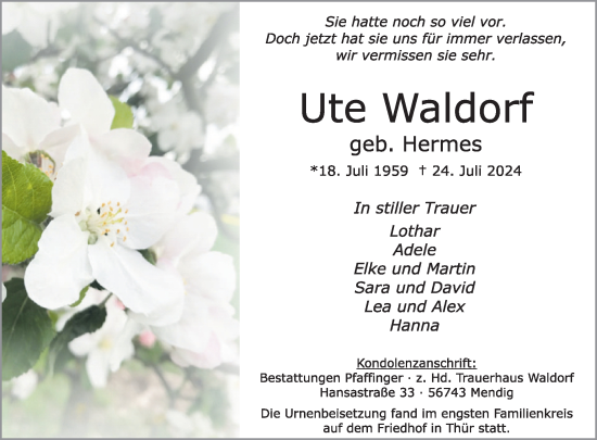 Traueranzeige von Ute Waldorf von WochenSpiegel