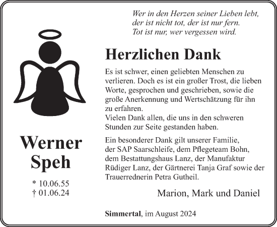 Traueranzeige von Werner Speh von WochenSpiegel