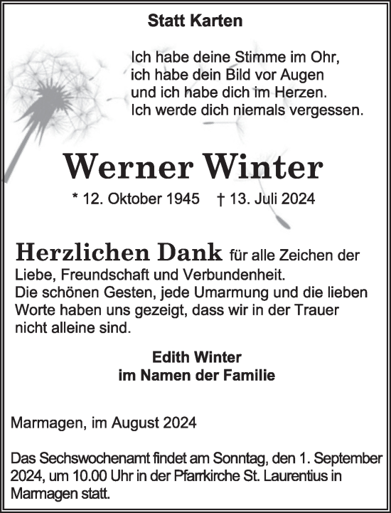Traueranzeige von Werner Winter von WochenSpiegel