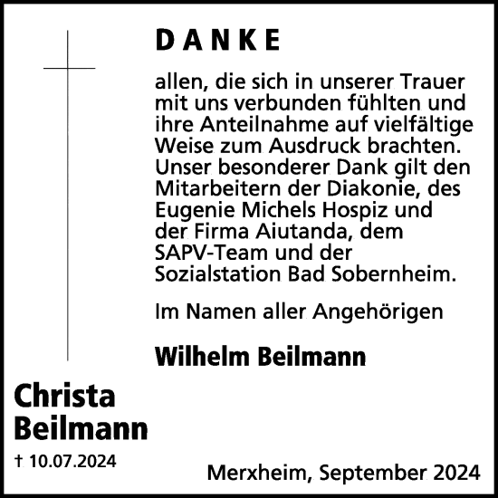 Traueranzeige von Christa Beilmann von WochenSpiegel