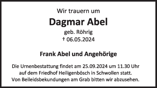 Traueranzeige von Dagmar Abel von WochenSpiegel