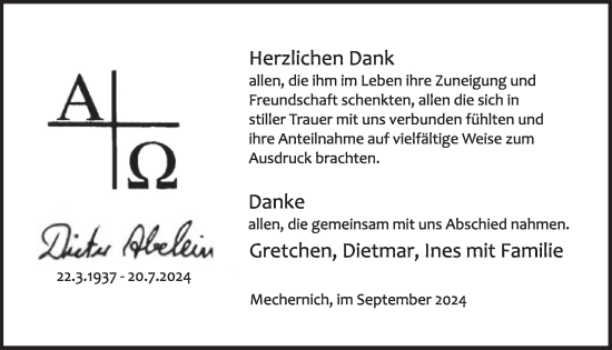 Traueranzeige von Dieter Abelein von WochenSpiegel