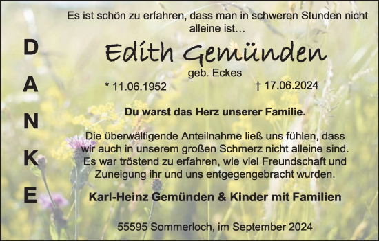 Traueranzeige von Edith Gemünden von WochenSpiegel
