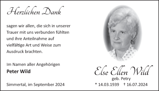 Traueranzeige von Else Ellen Wild von WochenSpiegel