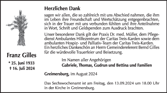 Traueranzeige von Franz Gilles von WochenSpiegel
