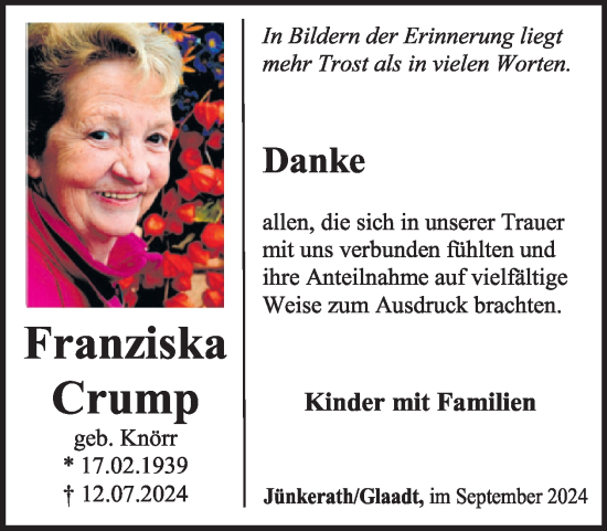 Traueranzeige von Franziska Crump von WochenSpiegel