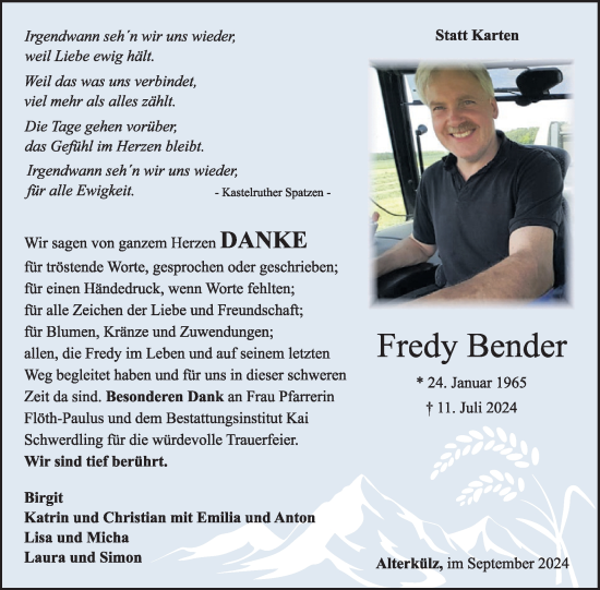 Traueranzeige von Fredy Bender von WochenSpiegel