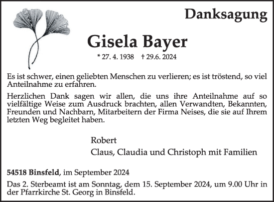Traueranzeige von Gisela Bayer von WochenSpiegel