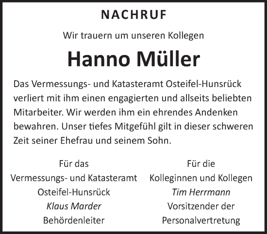 Traueranzeige von Hanno Müller von WochenSpiegel