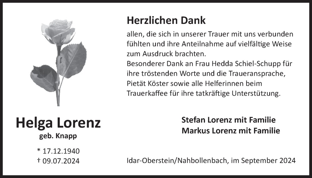  Traueranzeige für Helga Lorenz vom 21.09.2024 aus WochenSpiegel