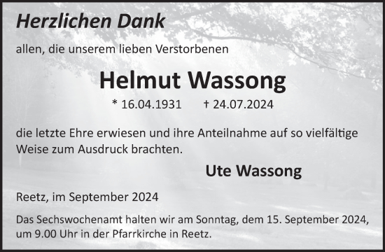 Traueranzeige von Helmut Wassong von WochenSpiegel
