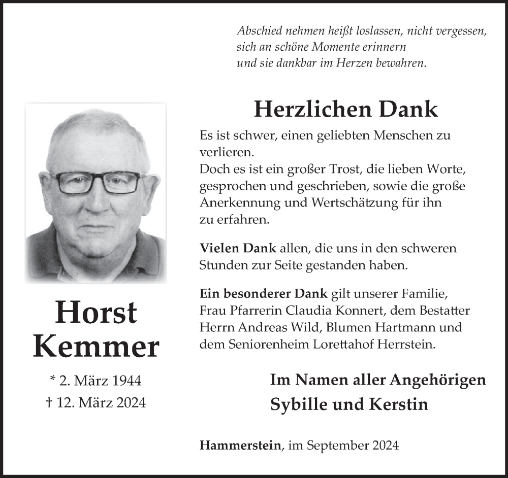  Traueranzeige für Horst Kemmer vom 14.09.2024 aus WochenSpiegel