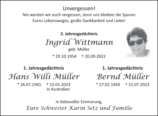 Traueranzeige von Ingrid und Bernd und Hans Willi Müller von WochenSpiegel