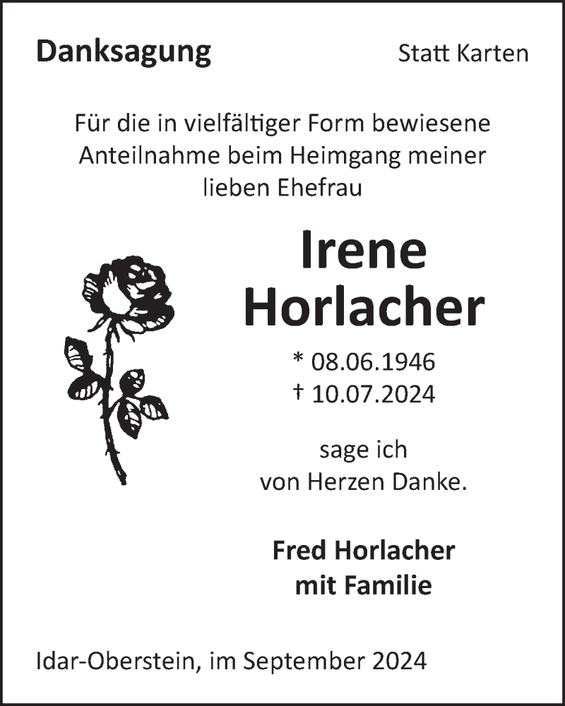  Traueranzeige für Irene Horlacher vom 14.09.2024 aus WochenSpiegel