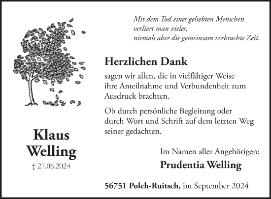 Traueranzeige von Klaus Welling von WochenSpiegel