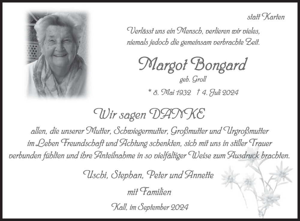  Traueranzeige für Margot Bongard vom 04.09.2024 aus WochenSpiegel