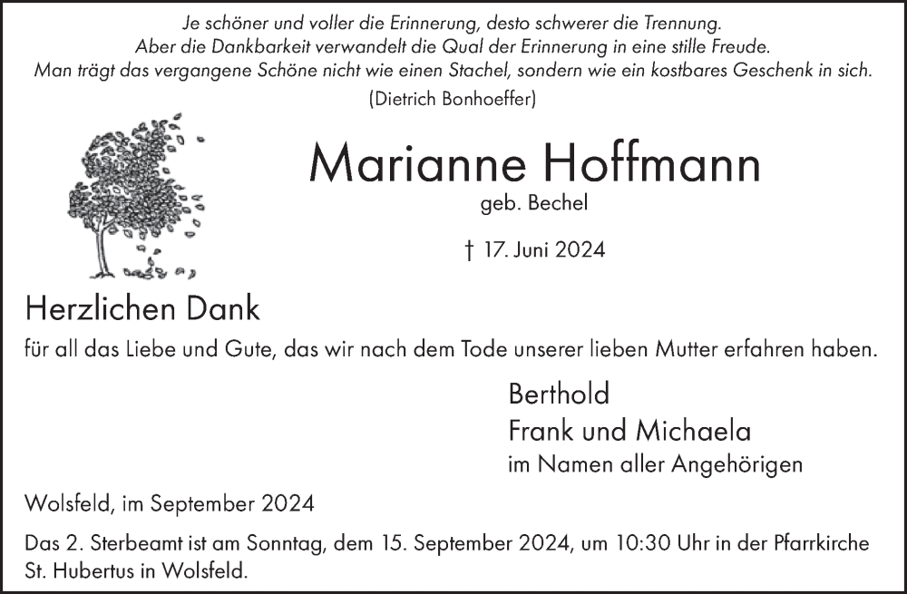  Traueranzeige für Marianne Hoffmann vom 06.09.2024 aus WochenSpiegel
