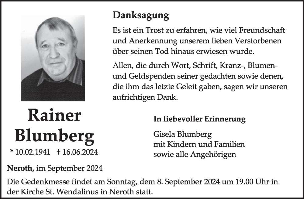  Traueranzeige für Rainer Blumberg vom 07.09.2024 aus WochenSpiegel